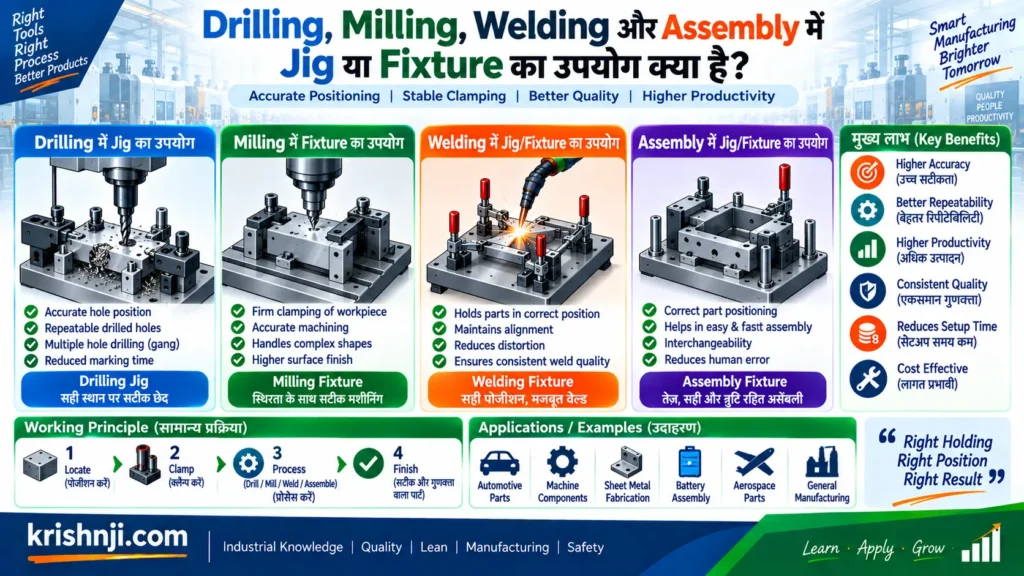 Drilling, Milling, Welding और Assembly में Jig या Fixture का उपयोग क्या है?