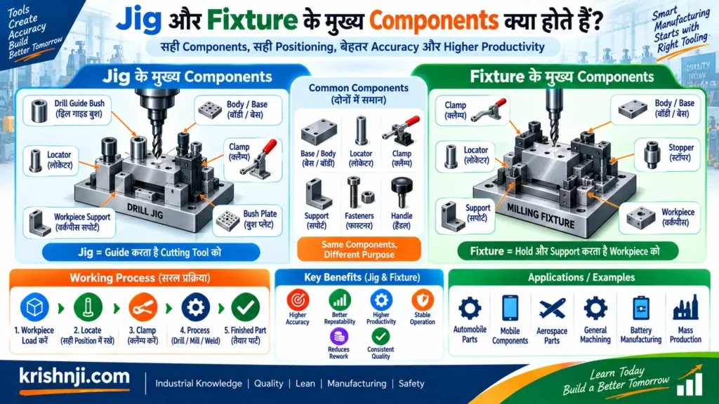 Jig और Fixture के मुख्य Components क्या होते हैं?
